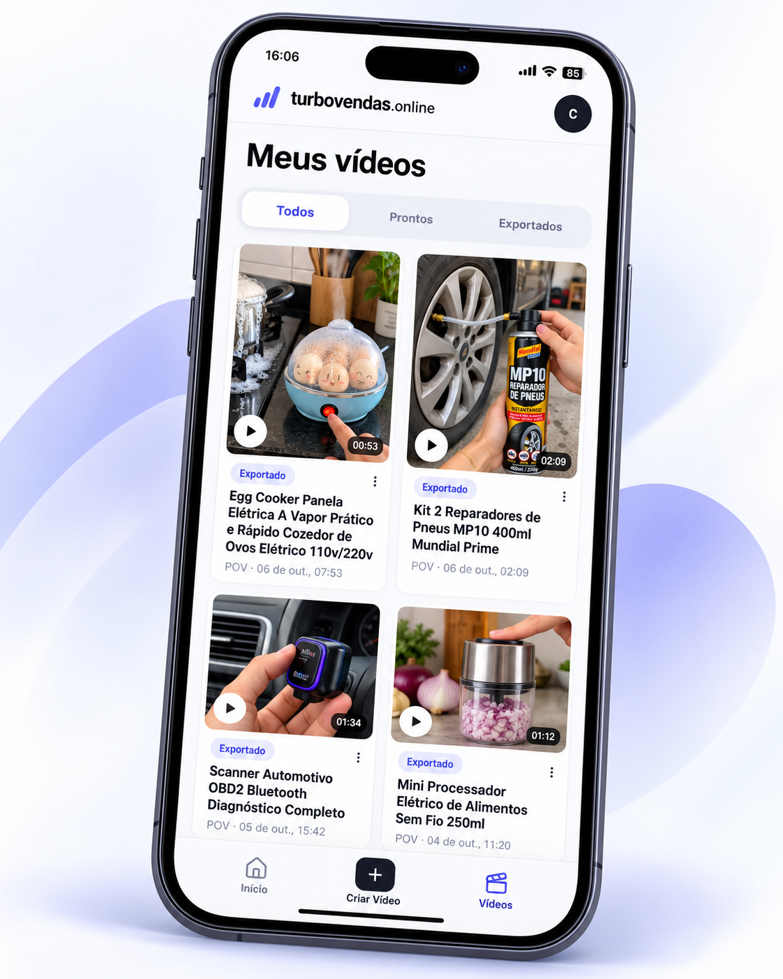 Aplicativo TurboVendas em um iPhone, mostrando a tela Meus vídeos com vídeos de produtos prontos